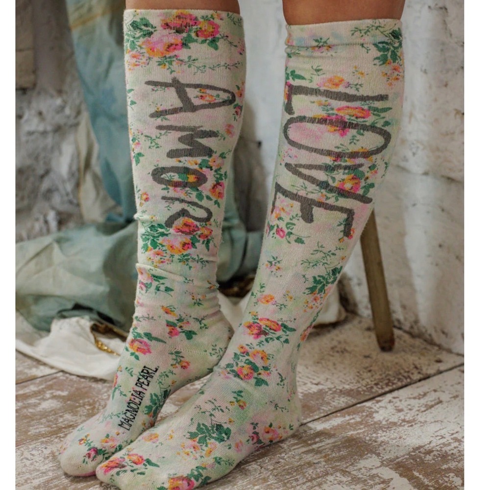 Magnolia Pearl Love Amor Floral Tie Dye Knee High Socks Green Pink Boho NEW - Picture 1 of 4
